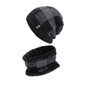 Winter set with black and grey plaid knit thermal hat and neck warmer with thick fleece lining - Black