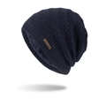 Navy blue winter knitted beanie with thick fleece lining and decorative leather patch - Navy Blue