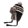 Winter knit trapper hat in black with geometric pattern and faux fur earflaps - Black