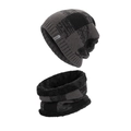 Winter thermal checkered knit beanie and scarf set in dark grey with warm fleece lining - Gray