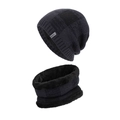 Winter thermal knit beanie and neck warmer set in dark blue with thick fleece lining - Navy Blue