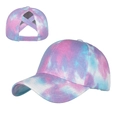 Tie-dye baseball cap in pink and blue with elastic criss-cross high ponytail hole - Adjustable / Purple/Pink
