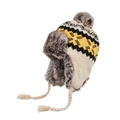 Winter knitted trapper hat in cream with yellow geometric patterns and faux fur lining - Beige