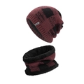 Winter thermal knit beanie and neck warmer set in classic red and black plaid design - Burgundy