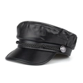 Gorra militar plana de cuero PU negro con adorno de cuerda trenzada y botón plateado - Talla única / Negro