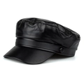 Classic black PU leather newsboy cap with decorative side buttons and stitched paneling - One Size / Black