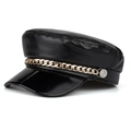 Classic black PU leather baker boy hat featuring a decorative gold metal chain detail - One Size / Black