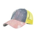 Tie-dye ponytail baseball cap with pink and grey patterns and yellow mesh back - Adjustable / Yellow