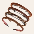 Set of four elegant brown hairbands with leopard print, beads, and anti-slip teeth design - Coffee Collection Style (Toothed)