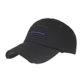 Distressed black baseball cap featuring Thin Blue Line flag patch in tactical style - Adjustable / Black with Blue Bar