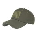 Olive green distressed baseball cap with American flag patch and worn-out details - Adjustable / Army Green