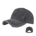 Distressed washed cotton ponytail baseball cap with elastic criss-cross back in dark grey - Black