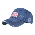 Berretto da baseball vintage in denim lavato con ricamo bandiera USA e dettagli logori - Blu Profondo