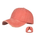 Washed distressed coral pink ponytail baseball cap with criss-cross elastic back opening - Orange