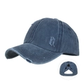Navy blue washed distressed baseball cap with criss cross high ponytail design - Navy Blue