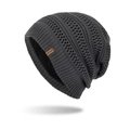 Men's dark gray cable knit beanie hat with thermal fleece lining and sport leather tag - Dark Gray