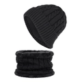 Ensemble bonnet et tour de cou en tricot torsadé noir avec doublure polaire - Noir