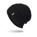 Gorro de punto negro para hombre con forro polar cálido y etiqueta de cuero sport - Negro