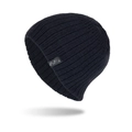 Classic black knitted beanie with vertical ribbed texture and a black FASHION label tag - Navy Blue