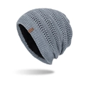 Gorro de punto gris con forro de felpa negra gruesa y parche deportivo de cuero invernal - Gris Jaspeado