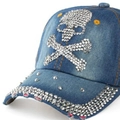 Gedragen denim baseballpet met strass-schedel ontwerp en zilverkleurige klinknagels - Schedel (3#)