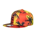 Cappellino snapback a visiera piatta con tramonto tropicale e sagome di palme nere - Arancione