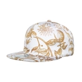 Cappello snapback a tesa piatta con stampa botanica marrone dorato su bianco - Bianco
