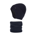 Set invernale berretto in maglia blu navy foderato in pile e scaldacollo con logo in metallo - Blu navy
