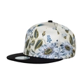 Flat brim snapback hat featuring palm tree print on off-white fabric with black visor - Beige/Black Brim