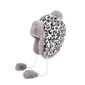 Winter trapper hat with black and white leopard print and grey faux fur pom-poms - White
