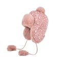 Pink leopard print knit trapper hat for women with faux fur lining and fuzzy pom-poms - Pink