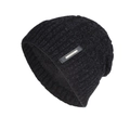 Thick black chenille knit beanie hat with warm fleece lining and fashion metal tag - Black