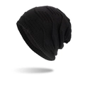 Classic black knitted slouchy beanie with textured diamond pattern for winter warmth - Black