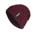 Winter chunky cable knit beanie hat in burgundy with warm black fleece lining and fashion tag - Burgundy