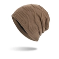Brown long knit beanie for winter with ribbed cuff and warm fleece lining - Khaki