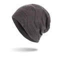 Dark gray knitted beanie with diamond texture and ribbed cuff for winter warmth - Gray