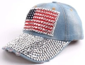 Hellblaue Denim-Baseballkappe mit USA-Flaggen-Patch und silbernen Strasssteinen - Flaggen-Patch (2#) / Hellblau