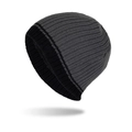 Vertical striped knit beanie with dark grey crown and black folded cuff for winter - Dark Gray