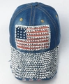 Denim Baseballkappe mit Strass-US-Flagge auf gewaschenem blauem Baumwollstoff - Gewaschenes Blau
