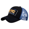 Casquette trucker bleue et noire avec broderie NYC jaune et empiècements en filet - Bleu Maille