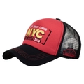 Red and black trucker hat with NYC 3D embroidery and breathable mesh back - Red/Black