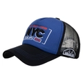 Blue and black NYC trucker cap with embroidered patches and breathable mesh panels - Blue / Black