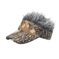 Camo visor sun hat with grey wig hair topper, creative fun baseball cap for men and women - Leaf Camo/Gray