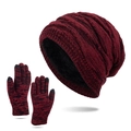 Winter knit hat and gloves set with warm fleece lining and touchscreen fingertips in burgundy - Burgundy