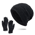 Winter thermal knit beanie and touchscreen gloves set with thick plush fleece lining - Navy Blue