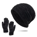 Men's winter knit beanie and gloves set in charcoal grey with warm fleece lining - Black