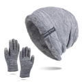 Set berretto invernale grigio in maglia con fodera felpata e guanti touch screen - Grigio
