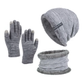 Winter men knit set with thermal fleece lining including hat scarf and touch screen gloves - Gray
