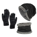 Men's winter 3-piece set with fleece-lined knit hat, neck warmer, and gloves - Black