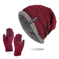 Set invernale berretto e guanti in maglia con fodera in pile a strisce rosse e nere - Borgogna